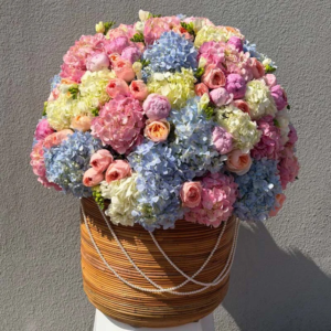 basket of hydrangeas roses peonies and freesias azure tenderness from 1680