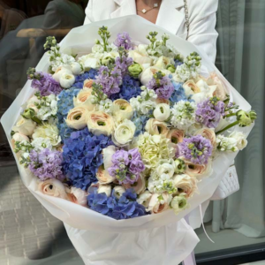 Bouquet of hydrangeas, matthiolas and ranunculus Celeste Reverie